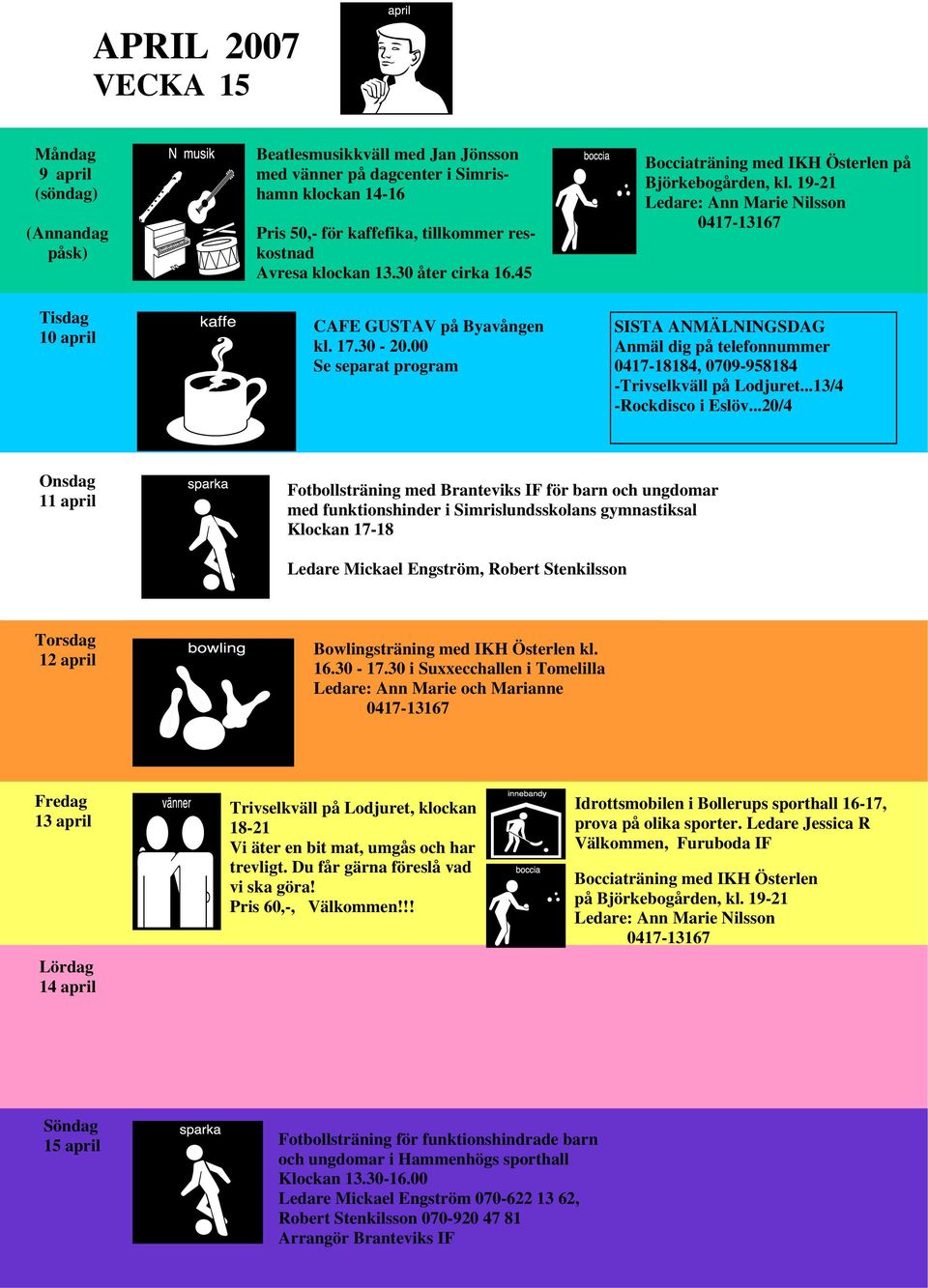..20/4 11 april Fotbollsträning med Branteviks IF för barn och ungdomar med funktionshinder i Simrislundsskolans gymnastiksal Klockan 17-18 Ledare Mickael Engström, Robert Stenkilsson 12 april