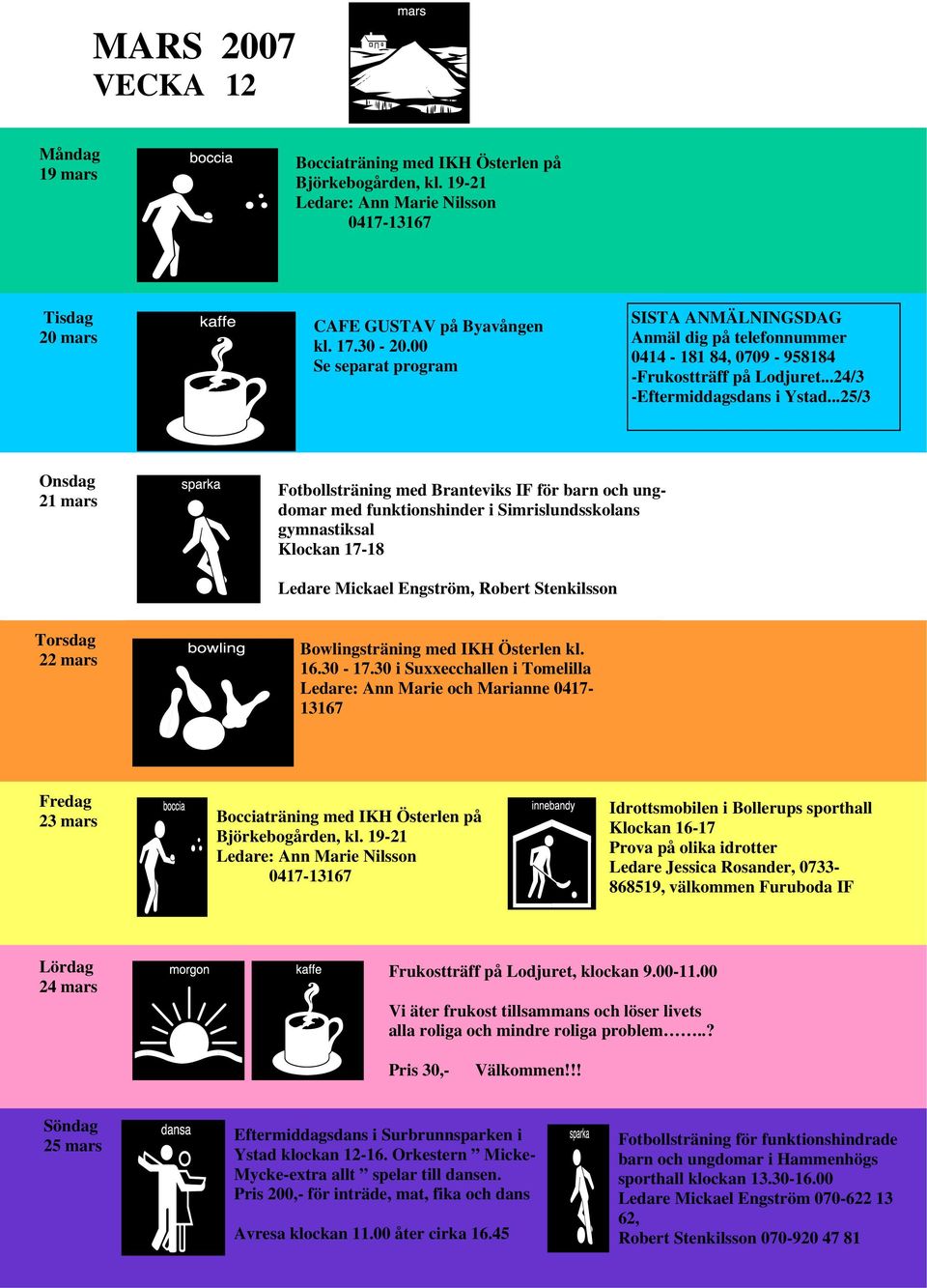 ..25/3 21 mars Fotbollsträning med Branteviks IF för barn och ungdomar med funktionshinder i Simrislundsskolans gymnastiksal Klockan 17-18 Ledare Mickael Engström, Robert Stenkilsson 22 mars Ledare: