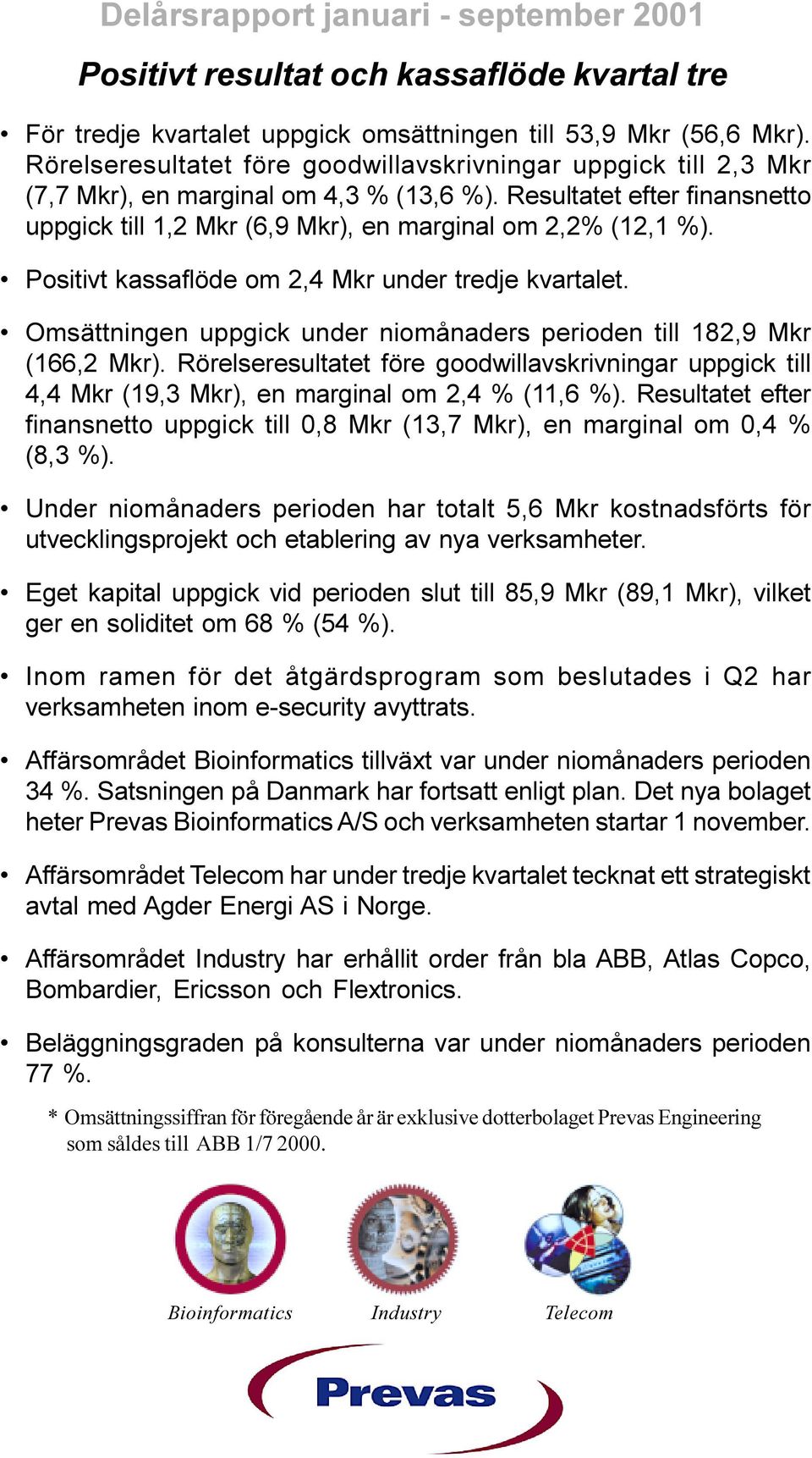 Positivt kassaflöde om 2,4 Mkr under tredje kvartalet. Omsättningen uppgick under niomånaders perioden till 182,9 Mkr (166,2 Mkr).