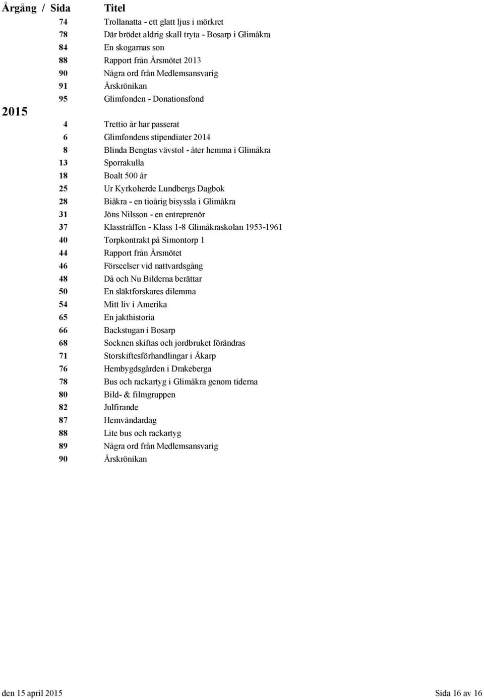 Dagbok 28 Biåkra - en tioårig bisyssla i Glimåkra 31 Jöns Nilsson - en entreprenör 37 Klassträffen - Klass 1-8 Glimåkraskolan 1953-1961 40 Torpkontrakt på Simontorp 1 44 Rapport från Årsmötet 46