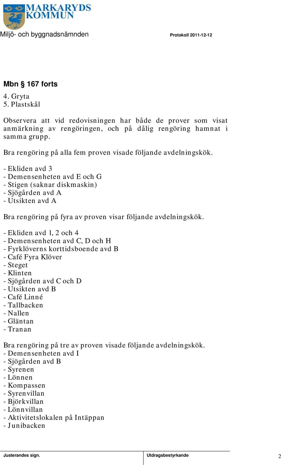 - Ekliden avd 3 - Demensenheten avd E och G - Stigen (saknar diskmaskin) - Sjögården avd A - Utsikten avd A Bra rengöring på fyra av proven visar följande avdelningskök.