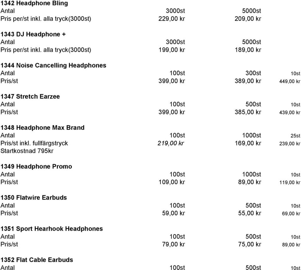 439,00 kr 1348 Headphone Max Brand Antal 100st 1000st 25st Pris/st inkl.