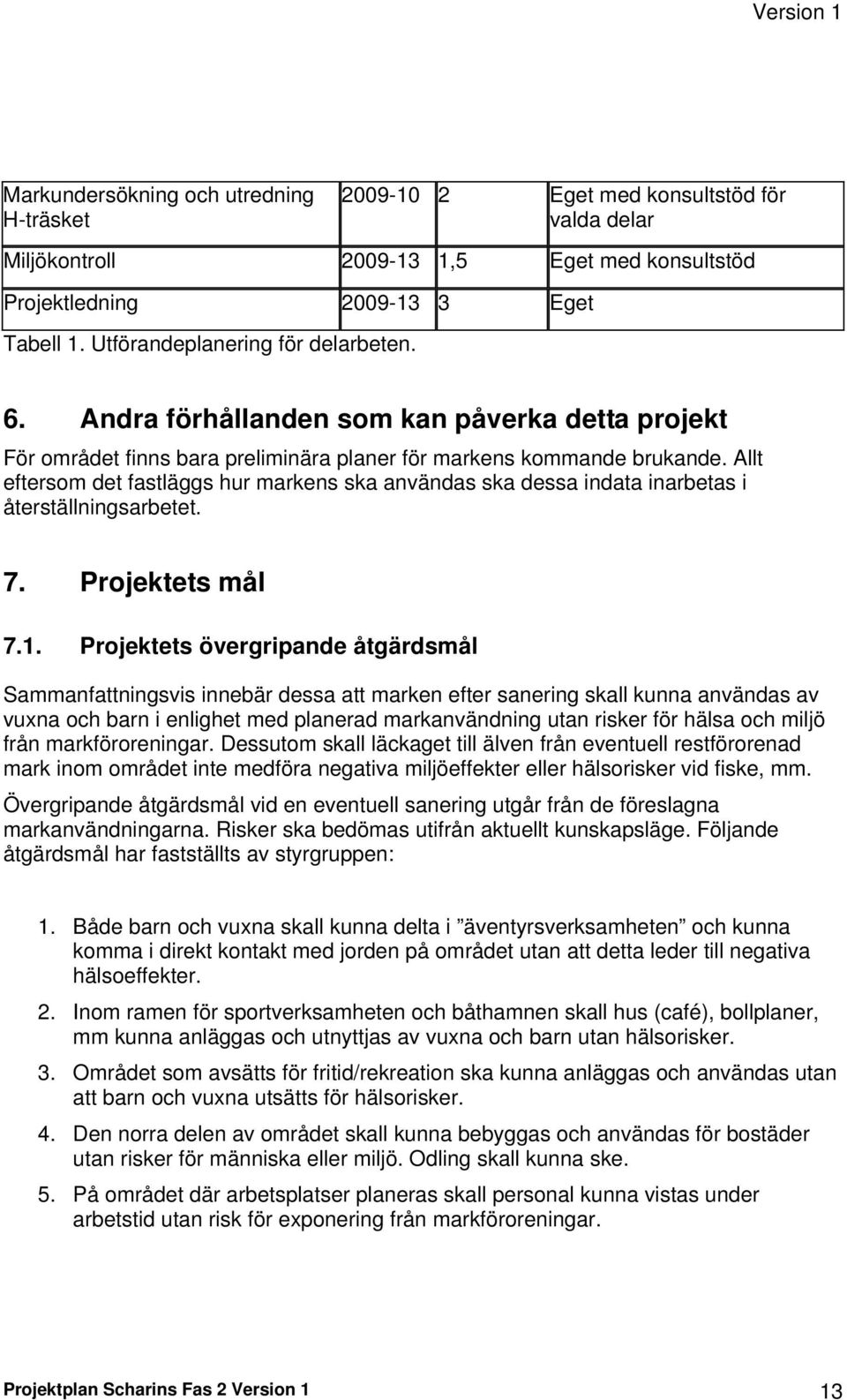 Allt eftersom det fastläggs hur markens ska användas ska dessa indata inarbetas i återställningsarbetet. 7. Projektets mål 7.1.