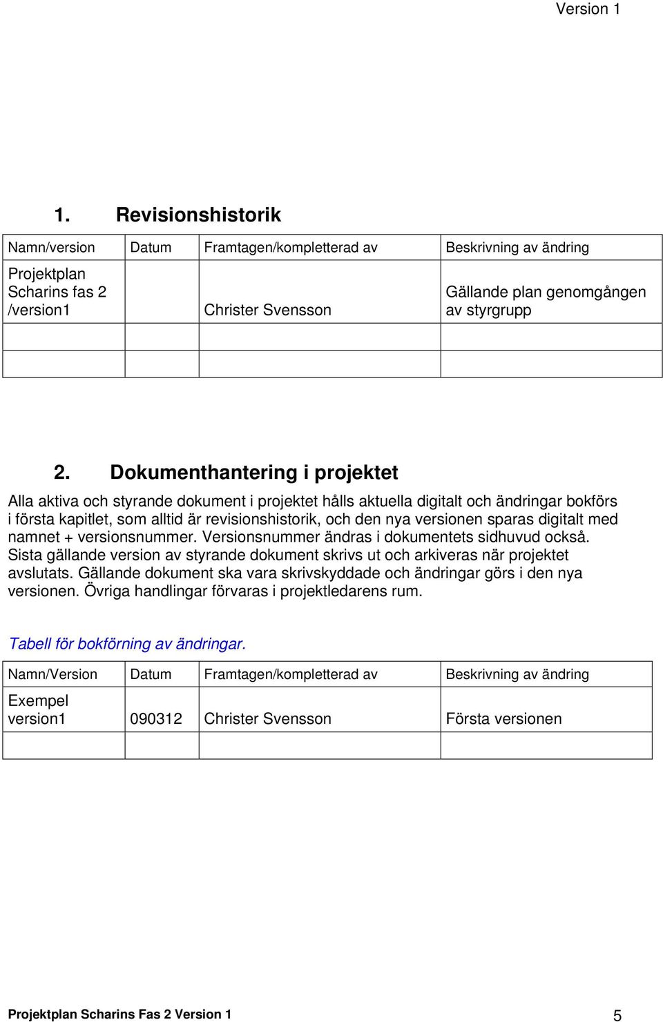 sparas digitalt med namnet + versionsnummer. Versionsnummer ändras i dokumentets sidhuvud också. Sista gällande version av styrande dokument skrivs ut och arkiveras när projektet avslutats.