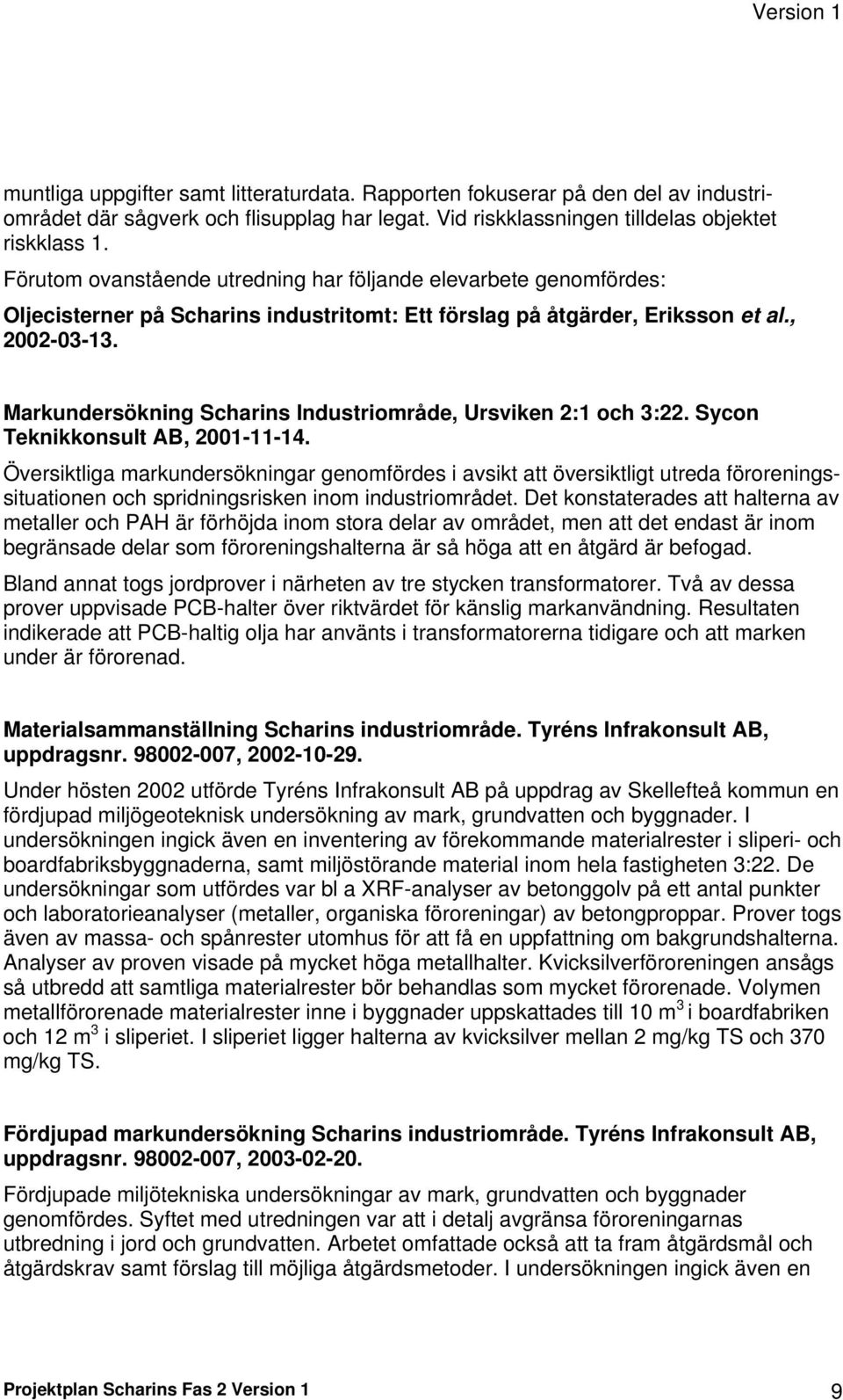 Markundersökning Scharins Industriområde, Ursviken 2:1 och 3:22. Sycon Teknikkonsult AB, 2001-11-14.