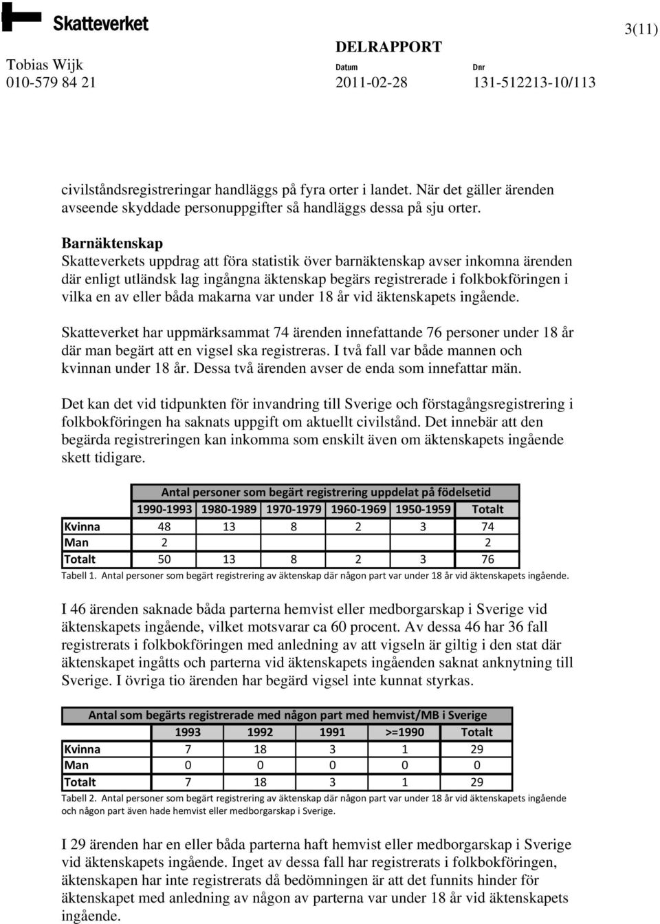 båda makarna var under 18 år vid äktenskapets ingående. Skatteverket har uppmärksammat 74 ärenden innefattande 76 personer under 18 år där man begärt att en vigsel ska registreras.