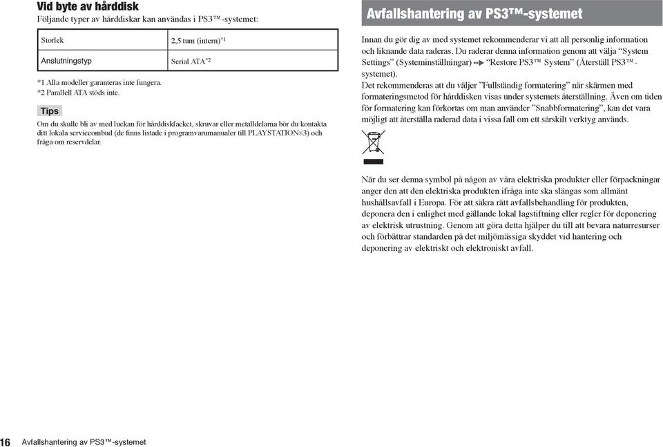 Tips Om du skulle bli av med luckan för hårddiskfacket, skruvar eller metalldelarna bör du kontakta ditt lokala serviceombud (de finns listade i programvarumanualer till PLAYSTATION 3) och fråga om