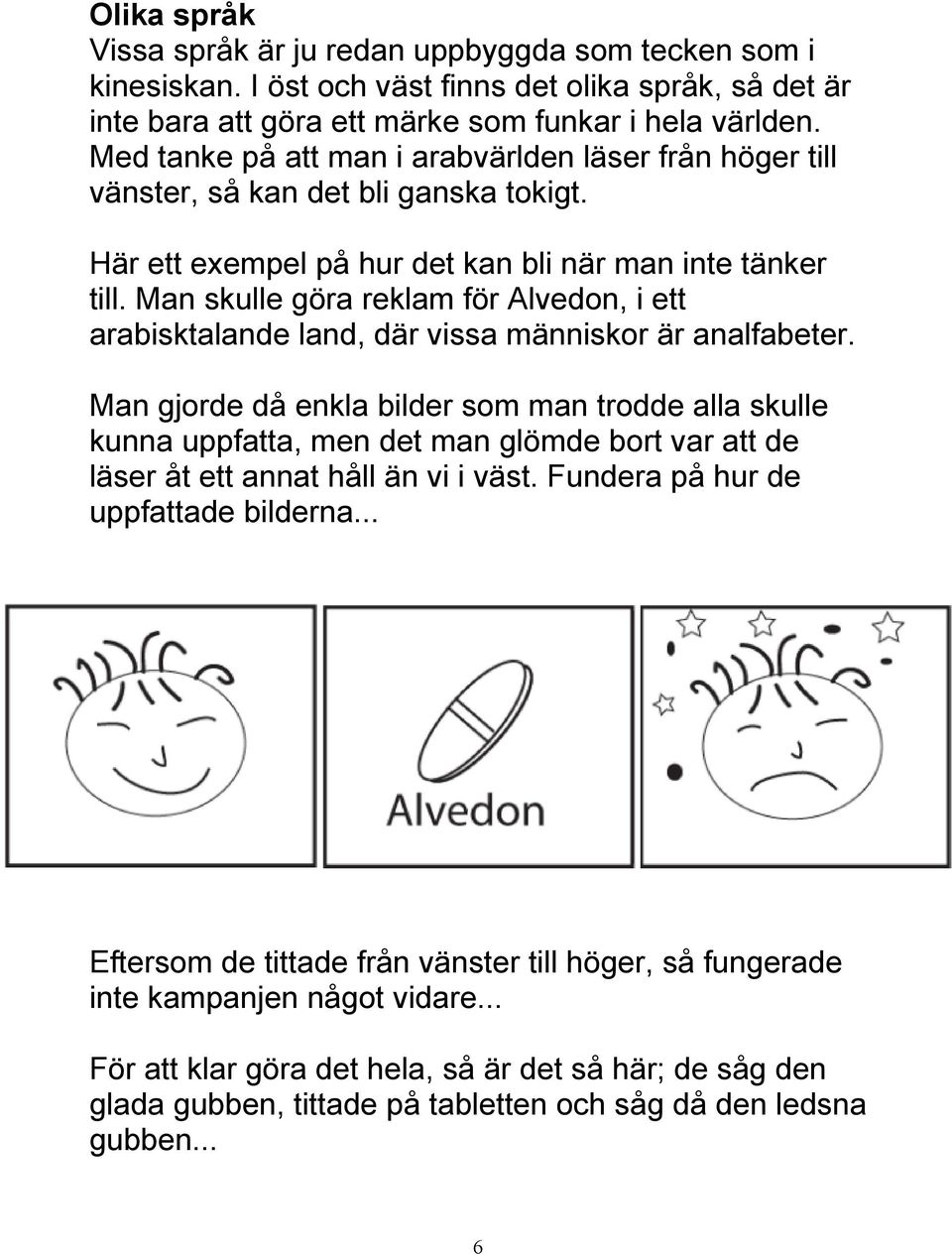 Man skulle göra reklam för Alvedon, i ett arabisktalande land, där vissa människor är analfabeter.