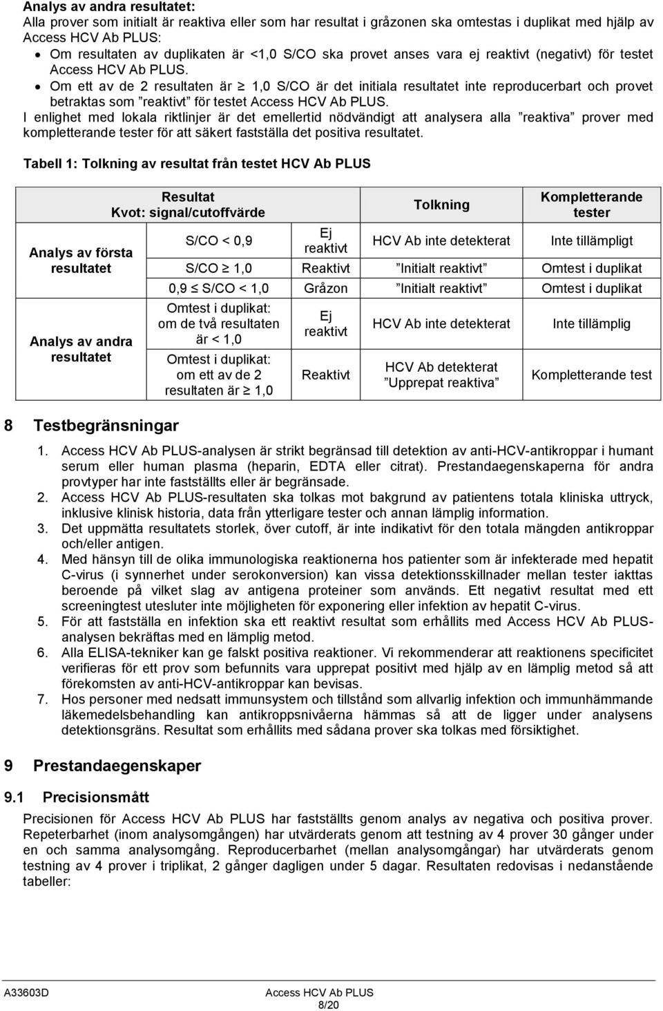 Om ett av de 2 resultaten är 1,0 S/CO är det initiala resultatet inte reproducerbart och provet betraktas som reaktivt för testet Access HCV Ab PLUS.