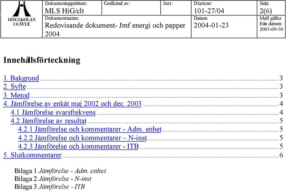 enhet...5 4.2.2 Jämförelse och kommentarer N-inst...5 4.2.3 Jämförelse och kommentarer - ITB...5 5.