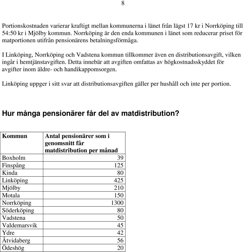 I Linköping, Norrköping och Vadstena kommun tillkommer även en distributionsavgift, vilken ingår i hemtjänstavgiften.