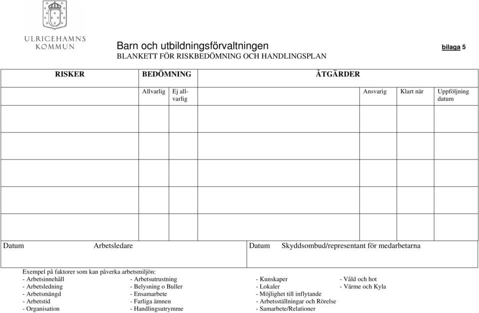 Arbetsinnehåll - Arbetsutrustning - Kunskaper - Våld och hot - Arbetsledning - Belysning o Buller - Lokaler - Värme och Kyla - Arbetsmängd -