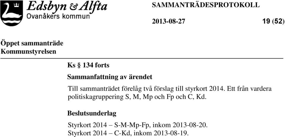 Ett från vardera politiskagruppering S, M, Mp och Fp och C, Kd.