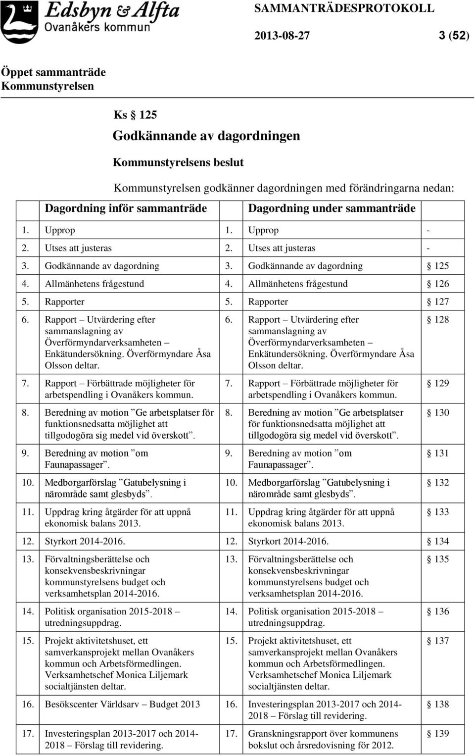 Rapporter 127 6. Rapport Utvärdering efter sammanslagning av Överförmyndarverksamheten Enkätundersökning. Överförmyndare Åsa Olsson deltar. 7.