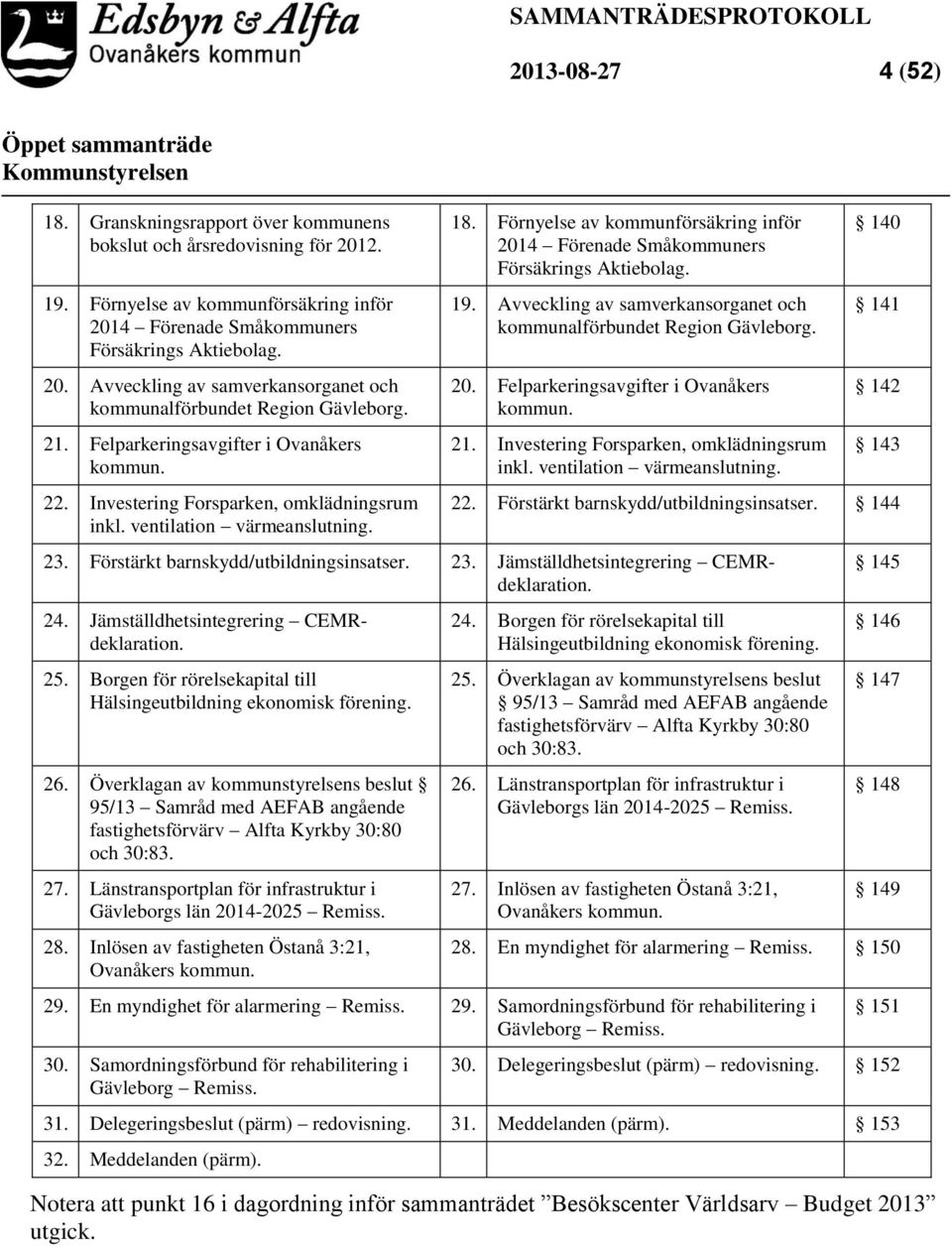 Förnyelse av kommunförsäkring inför 2014 Förenade Småkommuners Försäkrings Aktiebolag. 19. Avveckling av samverkansorganet och kommunalförbundet Region Gävleborg. 20. Felparkeringsavgifter i Ovanåkers kommun.