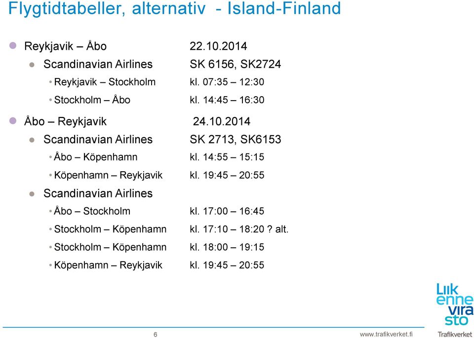 14:45 16:30 Åbo Reykjavik 24.10.2014 Scandinavian Airlines SK 2713, SK6153 Åbo Köpenhamn kl.