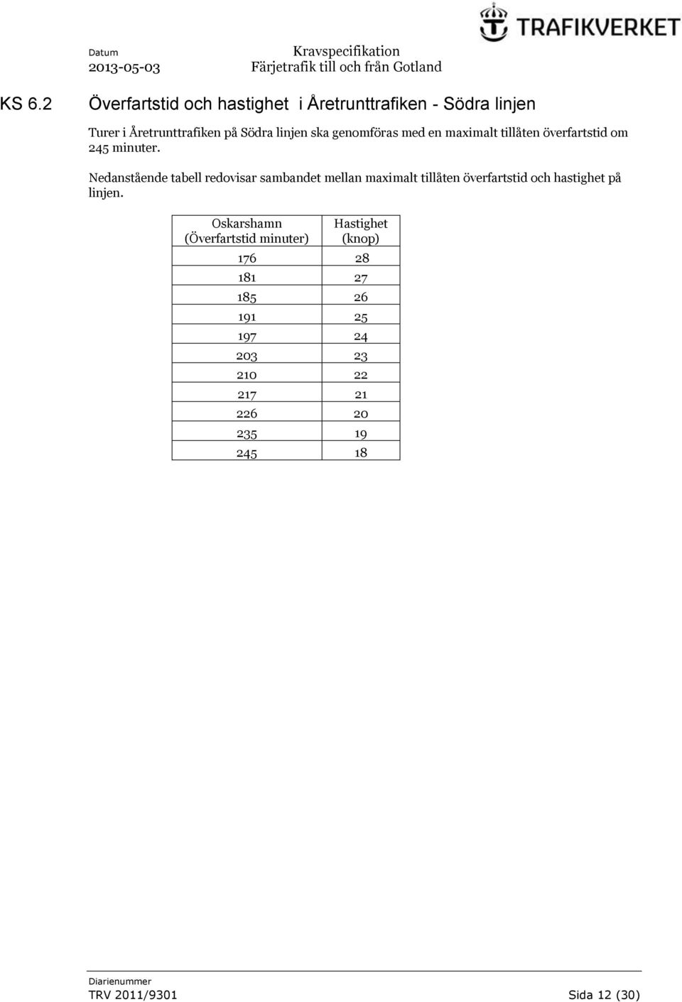 Nedanstående tabell redovisar sambandet mellan maximalt tillåten överfartstid och hastighet på linjen.