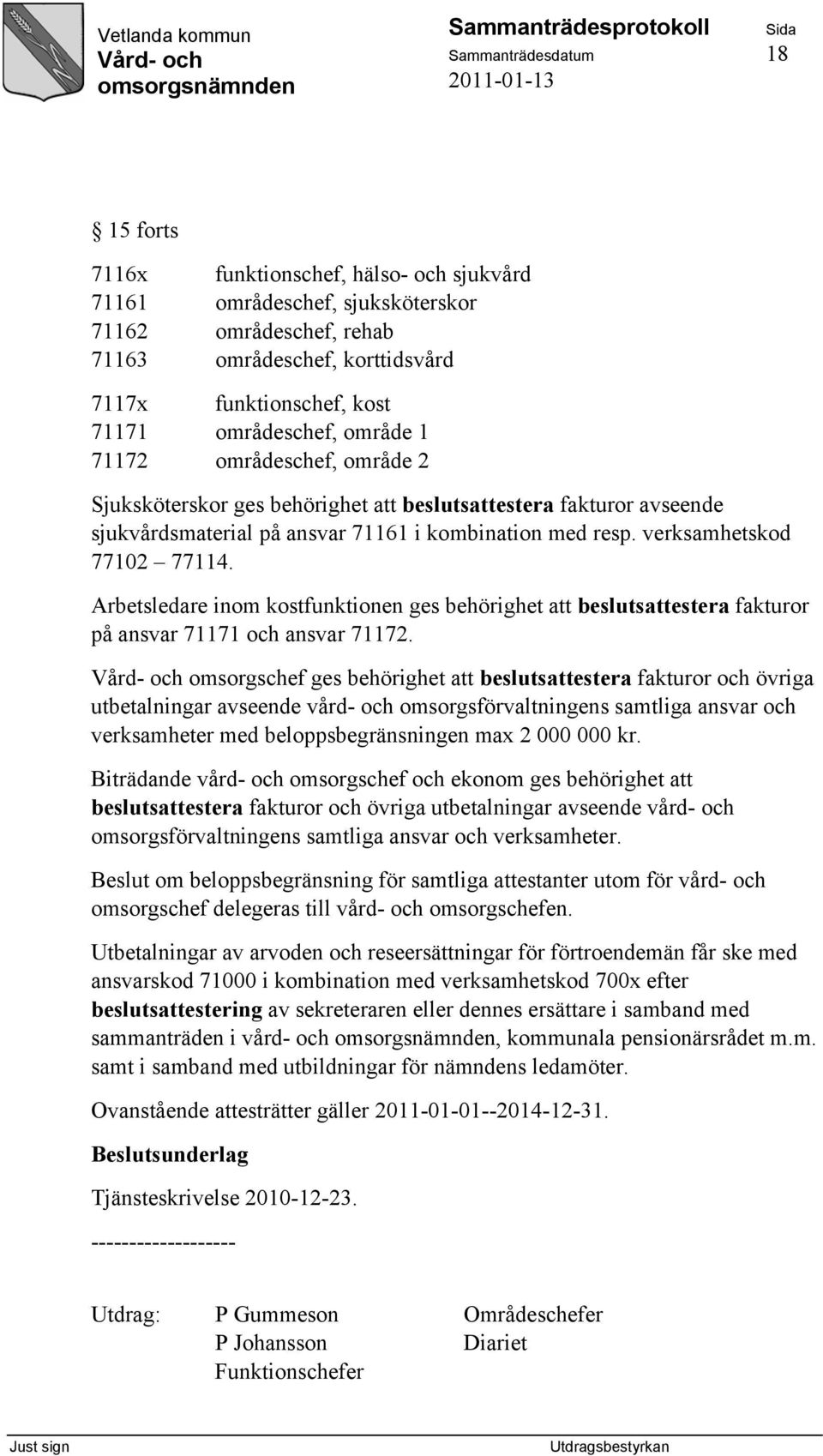 verksamhetskod 77102 77114. Arbetsledare inom kostfunktionen ges behörighet att beslutsattestera fakturor på ansvar 71171 och ansvar 71172.