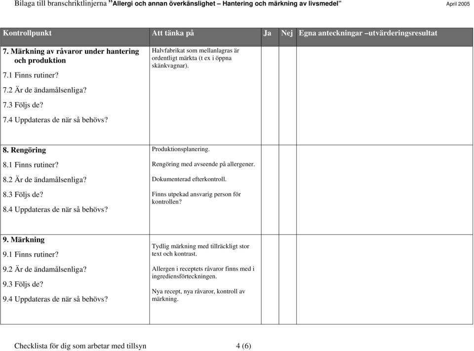 Finns utpekad ansvarig person för kontrollen? 9. Märkning 9.1 Finns rutiner? 9.2 Är de ändamålsenliga? 9.3 Följs de? 9.4 Uppdateras de när så behövs?