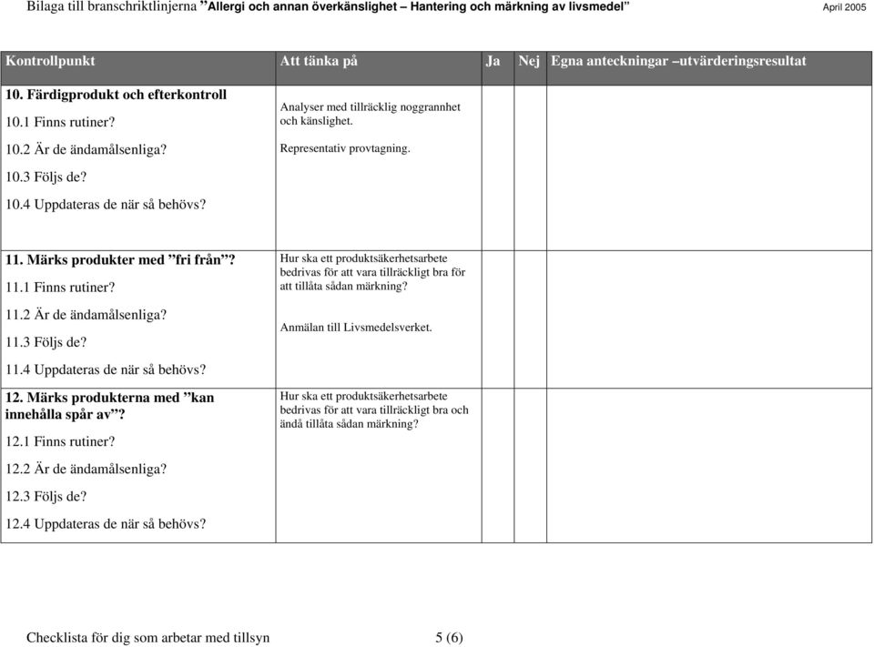 Hur ska ett produktsäkerhetsarbete bedrivas för att vara tillräckligt bra för att tillåta sådan märkning? Anmälan till Livsmedelsverket. 11.4 Uppdateras de när så behövs? 12.