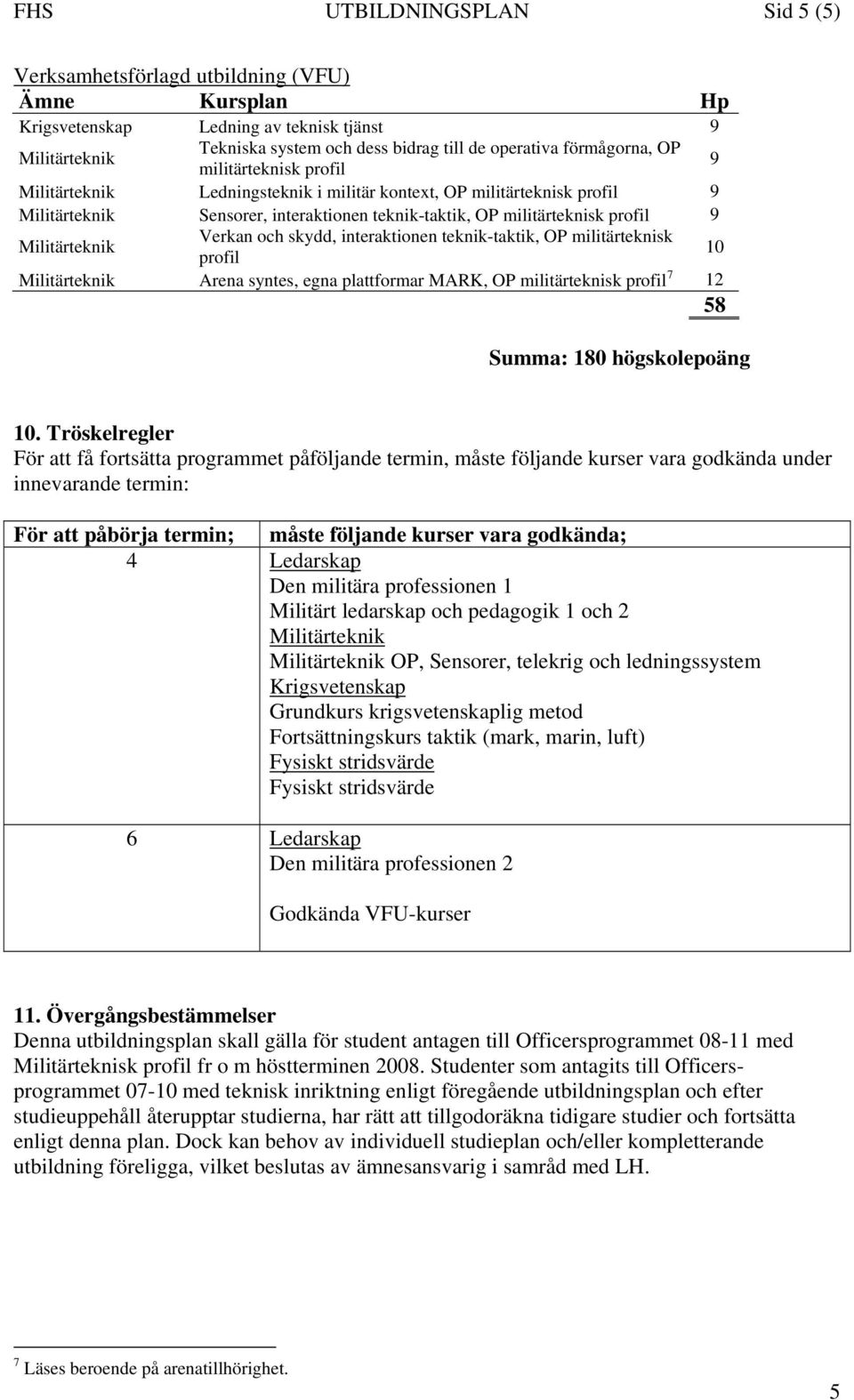 OP militärteknisk profil 10 Arena syntes, egna plattformar MARK, OP militärteknisk profil 7 12 58 Summa: 180 högskolepoäng 10.