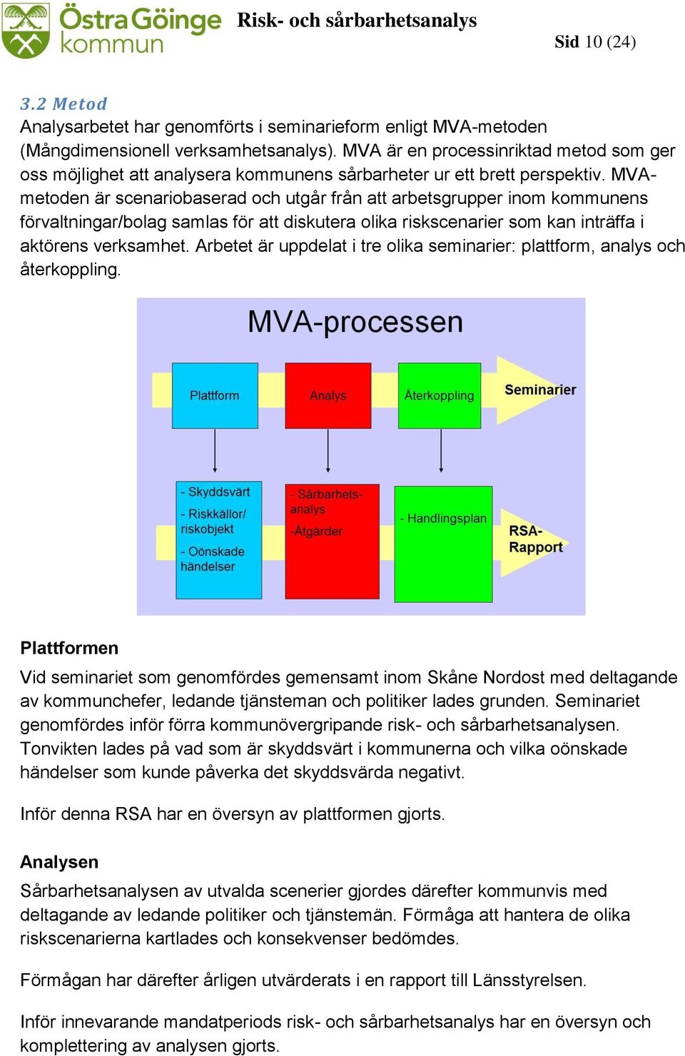 MVAmetoden är scenariobaserad och utgår från att arbetsgrupper inom kommunens förvaltningar/bolag samlas för att diskutera olika riskscenarier som kan inträffa i aktörens verksamhet.