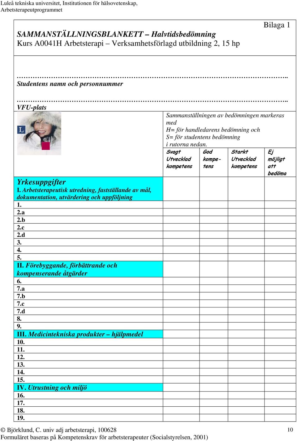 Arbetsterapeutisk utredning, fastställande av mål, dokumentation, utvärdering och uppföljning 1. 2.a 2.b 2.c 2.d 3. 4. 5. II.