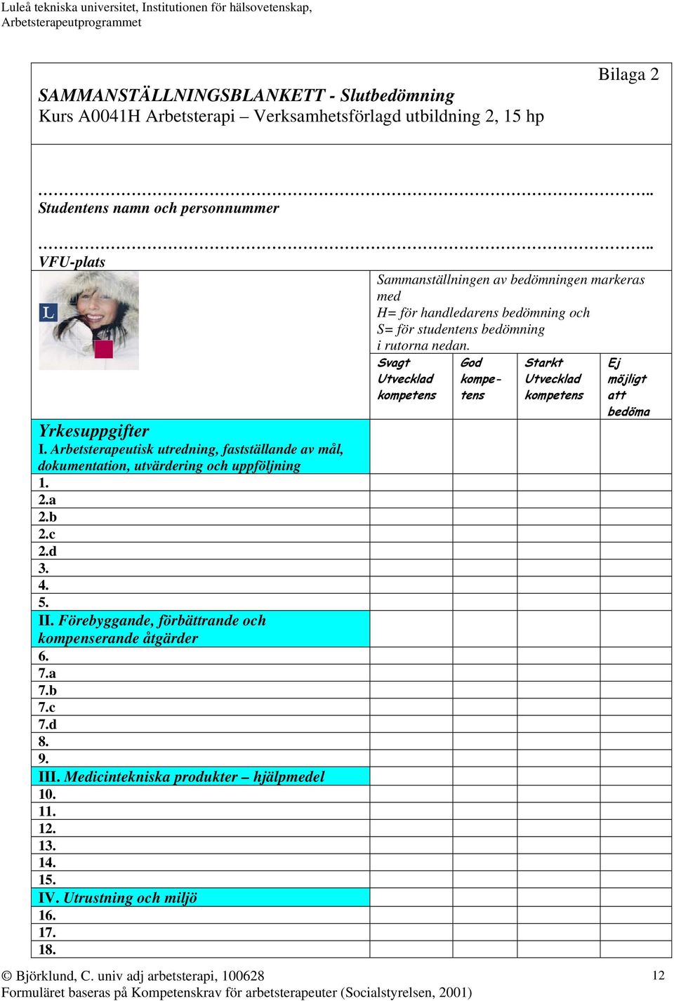 Arbetsterapeutisk utredning, fastställande av mål, dokumentation, utvärdering och uppföljning 1. 2.a 2.b 2.c 2.d 3. 4. 5. II.