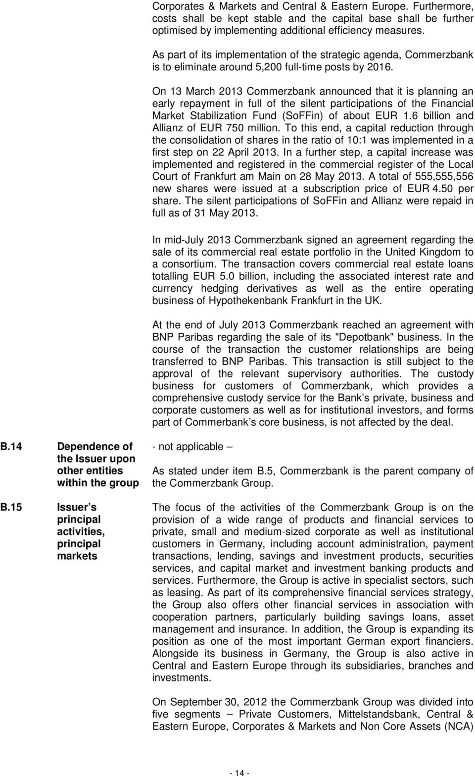 On 13 March 2013 Commerzbank announced that it is planning an early repayment in full of the silent participations of the Financial Market Stabilization Fund (SoFFin) of about EUR 1.