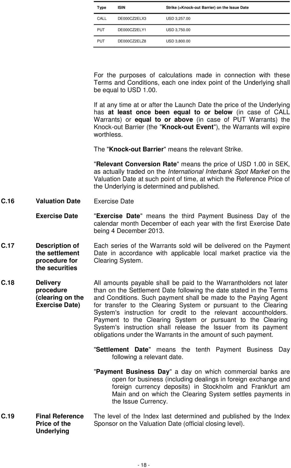 the price of the Underlying has at least once been equal to or below (in case of CALL Warrants) or equal to or above (in case of PUT Warrants) the Knock-out Barrier (the "Knock-out Event"), the