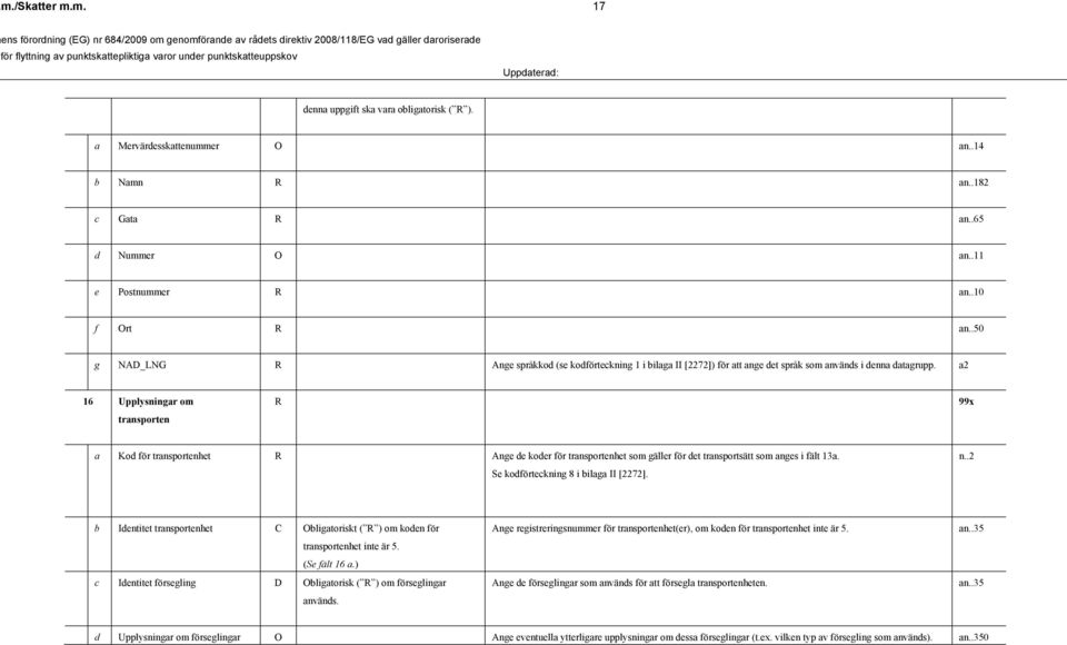 Se kodförteckning 8 i bilaga II [2272]. n..2 b Identitet transportenhet C Obligatoriskt ( R ) om koden för transportenhet inte är 5. (Se fält 16 a.