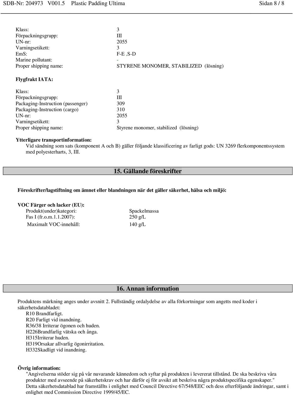 Packaging-Instruction (cargo) 310 Proper shipping name: e monomer, stabilized (lösning) Ytterligare transportinformation: Vid sändning som sats (komponent A och B) gäller följande klassificering av