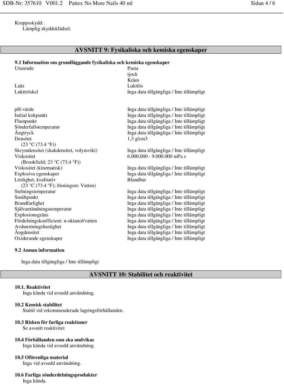 (73.4 F)) Skrymdensitet (skakdensitet, volymvikt) Viskositet (Brookfield; 23 C (73.4 F)) Viskositet (kinematisk) Explosiva egenskaper Löslighet, kvalitativ (23 C (73.