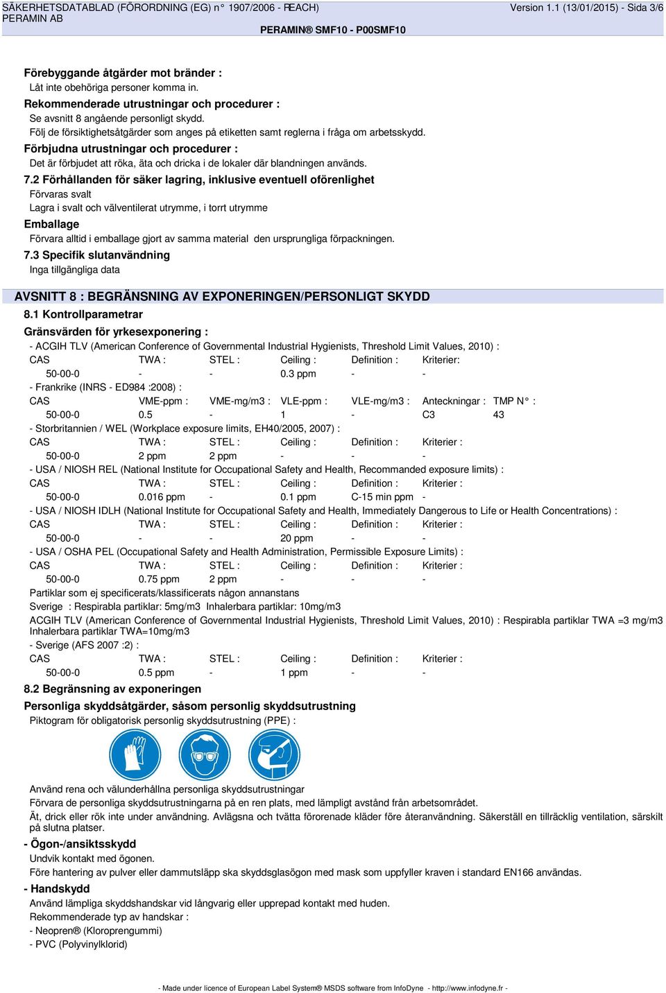 Förbjudna utrustningar och procedurer : Det är förbjudet att röka, äta och dricka i de lokaler där blandningen används. 7.