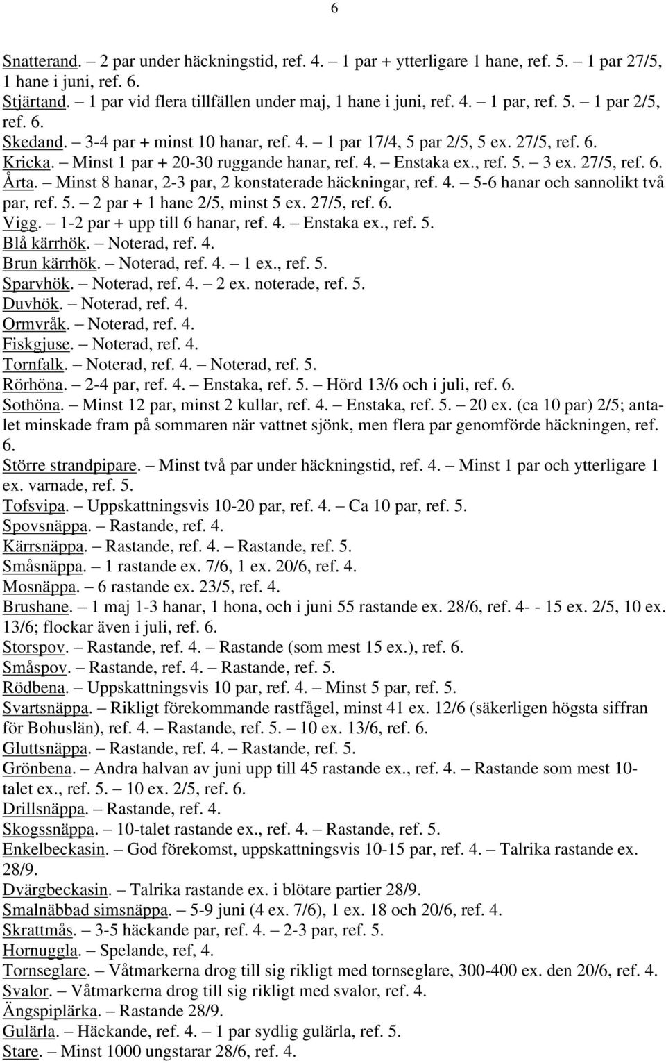 Minst 8 hanar, 2-3 par, 2 konstaterade häckningar, ref. 4. 5-6 hanar och sannolikt två par, ref. 5. 2 par + 1 hane 2/5, minst 5 ex. 27/5, ref. 6. Vigg. 1-2 par + upp till 6 hanar, ref. 4. Enstaka ex.