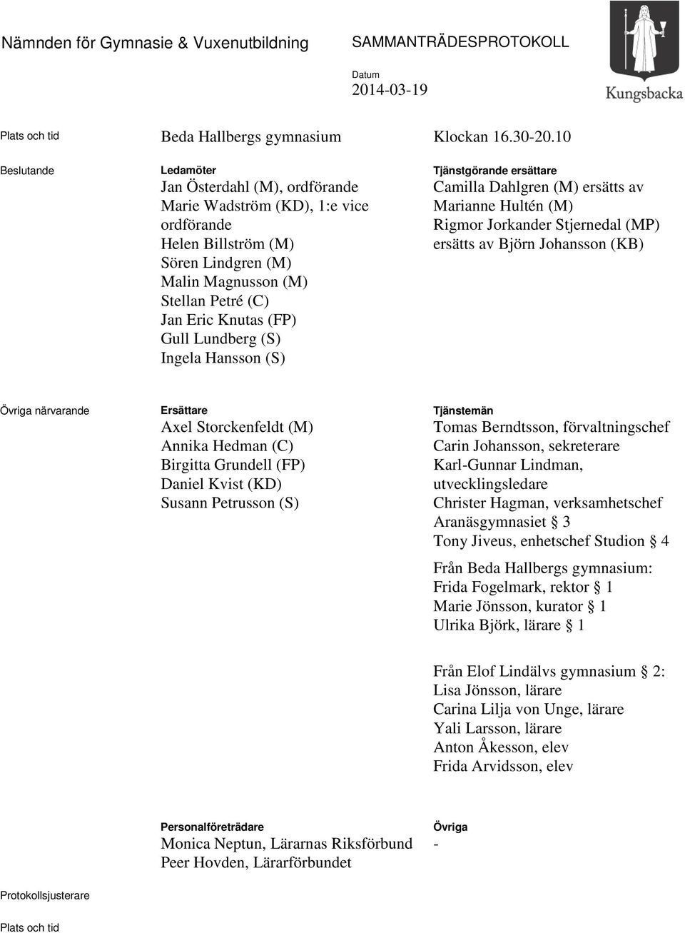 Lundberg (S) Ingela Hansson (S) Tjänstgörande ersättare Camilla Dahlgren (M) ersätts av Marianne Hultén (M) Rigmor Jorkander Stjernedal (MP) ersätts av Björn Johansson (KB) Övriga närvarande