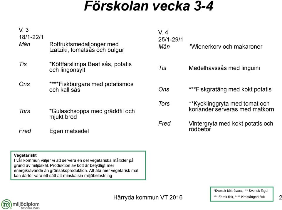 ***Fiskgratäng med kokt potatis *Gulaschsoppa med gräddfil och mjukt bröd **Kycklinggryta med tomat och koriander serveras med matkorn Vintergryta med kokt potatis och