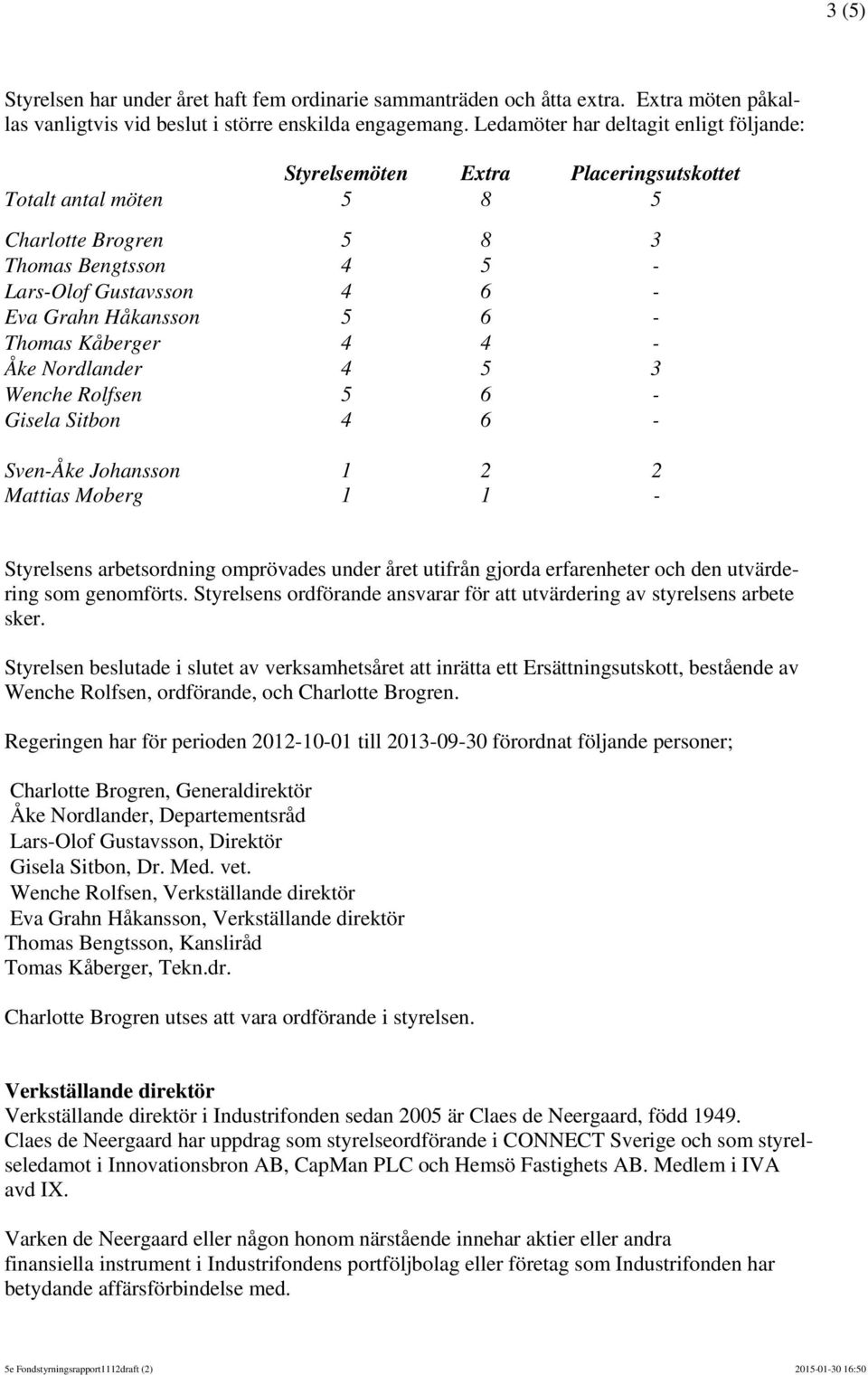 5 6 - Thomas Kåberger 4 4 - Åke Nordlander 4 5 3 Wenche Rolfsen 5 6 - Gisela Sitbon 4 6 - Sven-Åke Johansson 1 2 2 Mattias Moberg 1 1 - Styrelsens arbetsordning omprövades under året utifrån gjorda