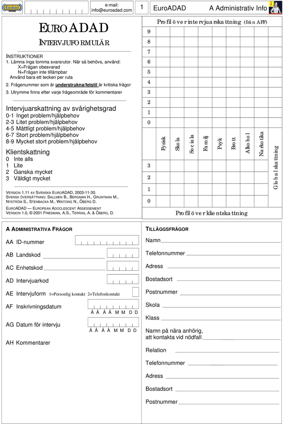 Utrymme inns eter varje rågeområde ör kommentarer 8 7 6 5 4 Intervjuarskattning av svårighetsgrad 0- Inget problem/hjälpbehov - Litet problem/hjälpbehov 4-5 Måttligt problem/hjälpbehov 6-7 Stort