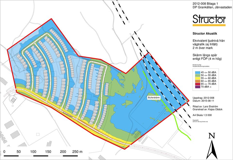Beräkningsmodellen 45 <= 50 dba 50 <= 55 dba 55 <= 60 dba 60 <= 65 dba 65 <= 70 dba 70 dba < Bullerskärm Uppdrag: 2012-008 Datum: