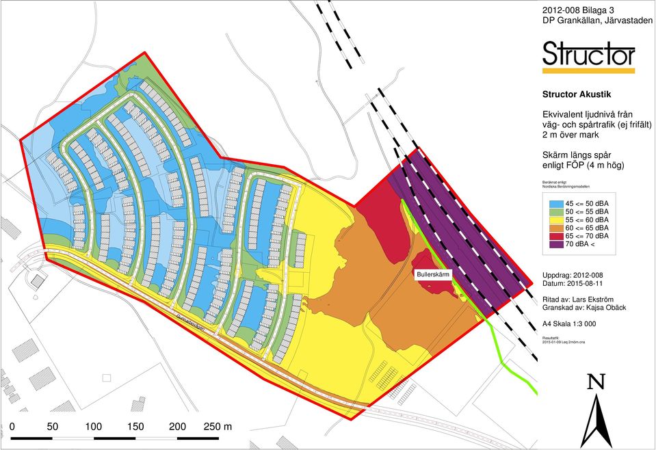 Beräkningsmodellen 45 <= 50 dba 50 <= 55 dba 55 <= 60 dba 60 <= 65 dba 65 <= 70 dba 70 dba < Bullerskärm Uppdrag: 2012-008 Datum: