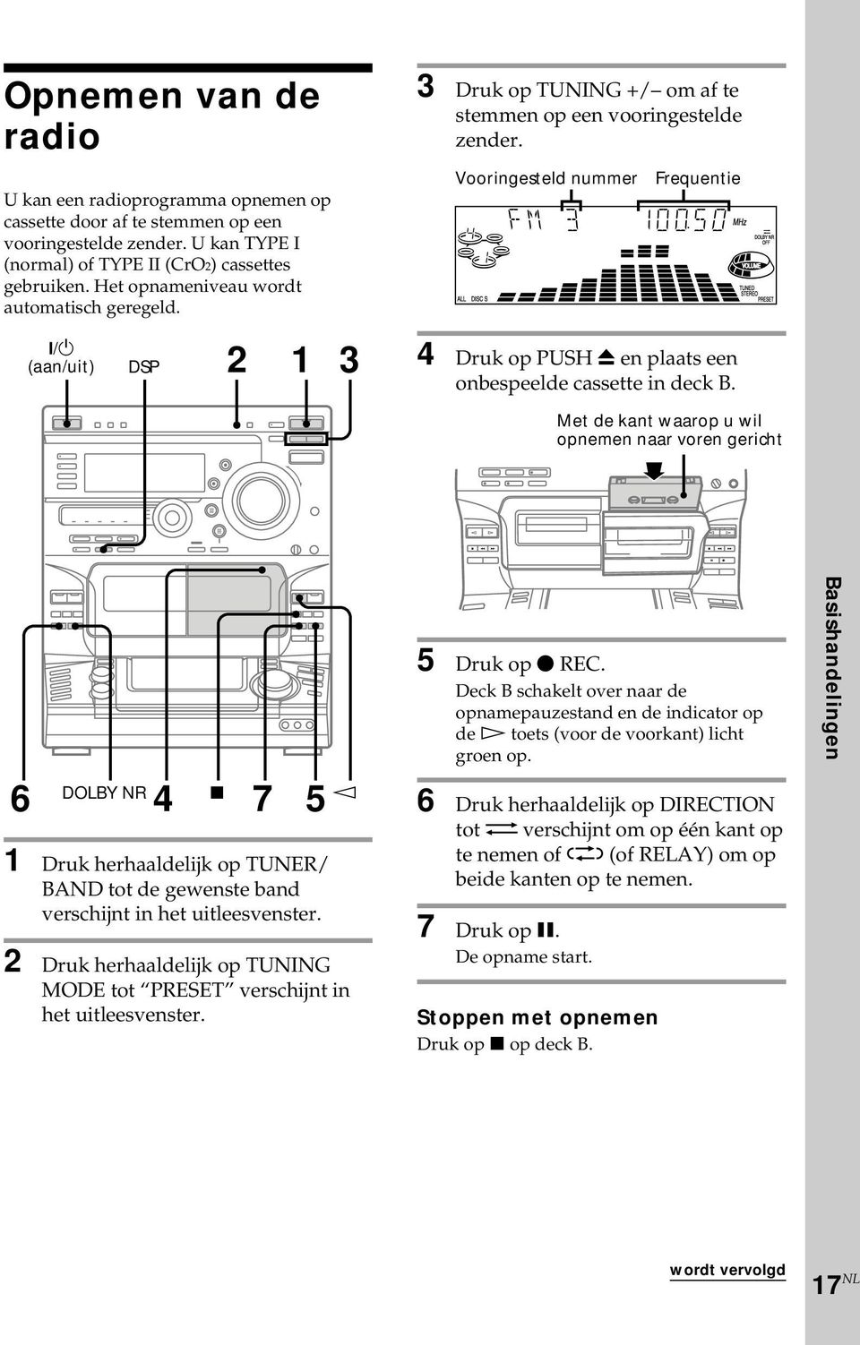 Vooringesteld nummer Frequentie 4 Druk op PUSH 6 en plaats een onbespeelde cassette in deck B.