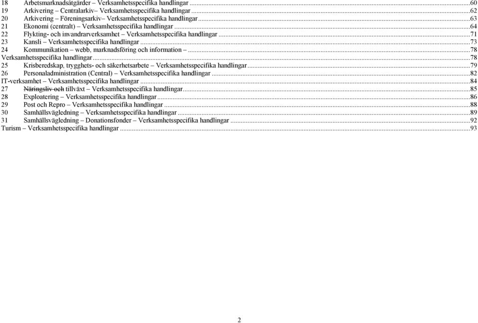 ..73 24 Kommunikation webb, marknadsföring och information...78 Verksamhetsspecifika handlingar...78 25 Krisberedskap, trygghets och säkerhetsarbete Verksamhetsspecifika handlingar.