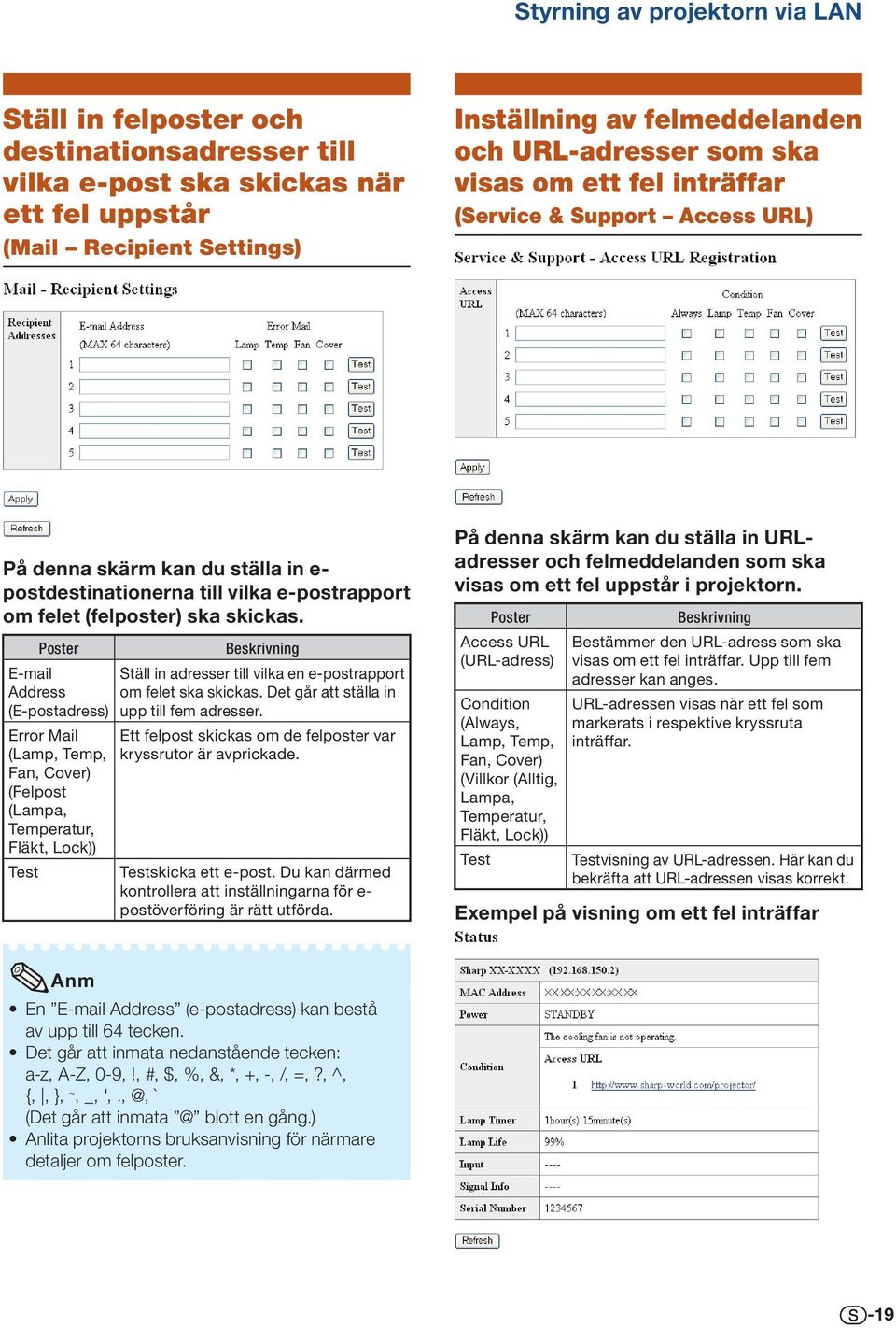 Poster E-mail Address (E-postadress) Error Mail (Lamp, Temp, Fan, Cover) (Felpost (Lampa, Temperatur, Fläkt, Lock)) Test Beskrivning Ställ in adresser till vilka en e-postrapport om felet ska skickas.