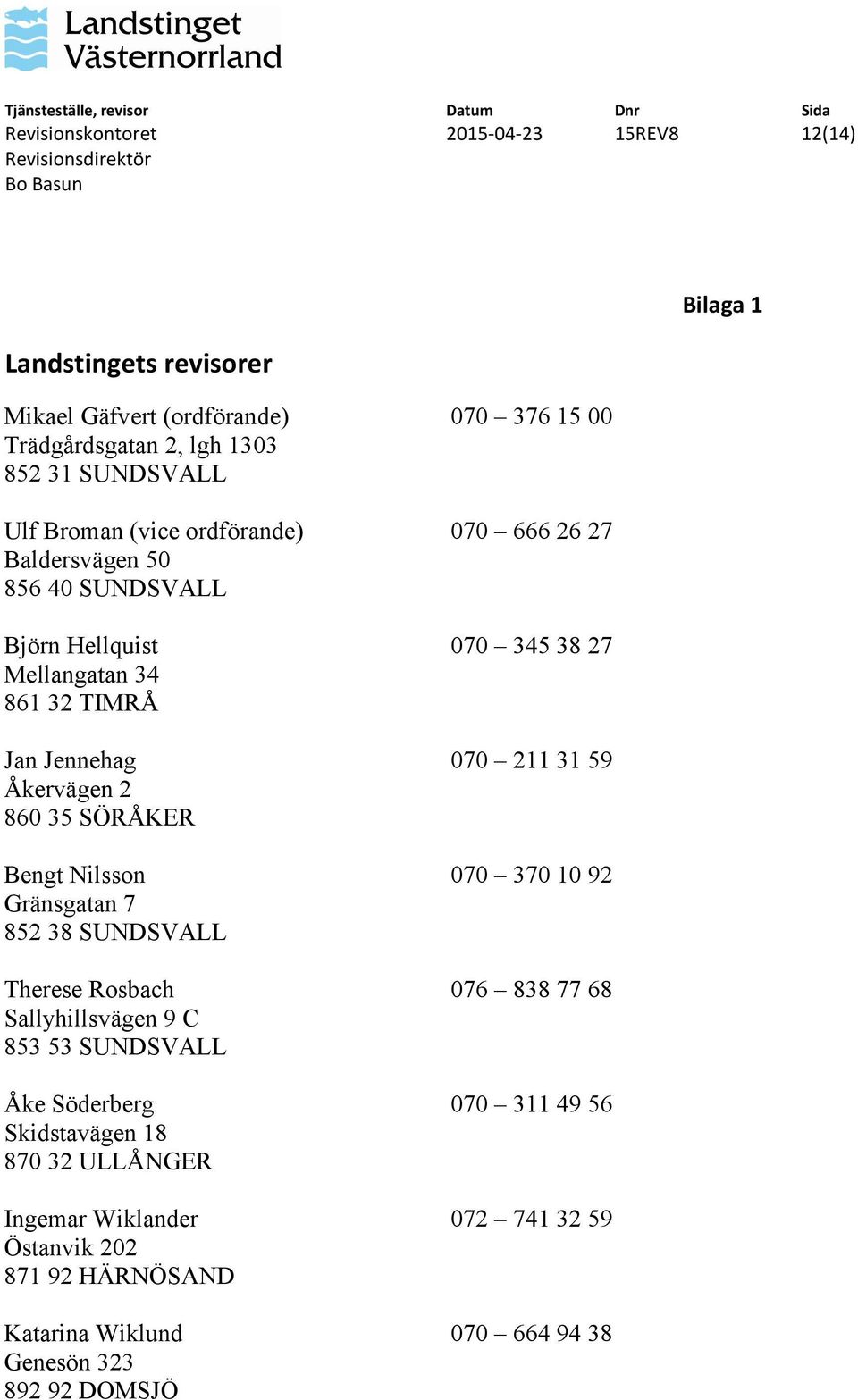 SUNDSVALL Therese Rosbach Sallyhillsvägen 9 C 853 53 SUNDSVALL Åke Söderberg Skidstavägen 18 870 32 ULLÅNGER Ingemar Wiklander Östanvik 202 871 92 HÄRNÖSAND