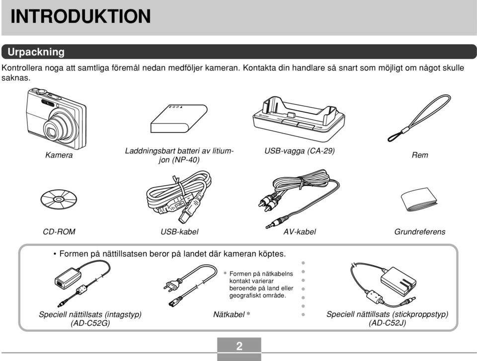 Kamera Laddningsbart batteri av litiumjon (NP-40) USB-vagga (CA-29) Rem CD-ROM USB-kabel AV-kabel Grundreferens Formen på