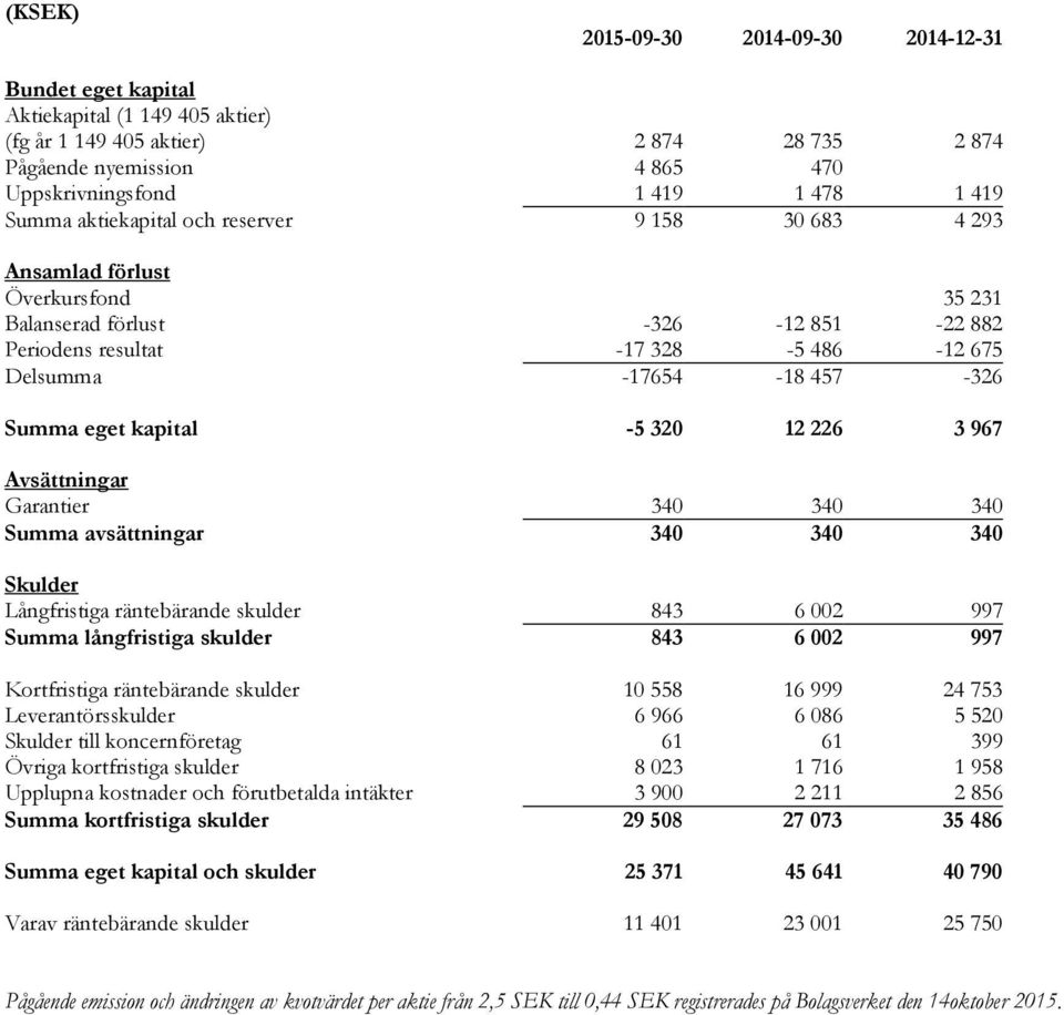 kapital -5 320 12 226 3 967 Avsättningar Garantier 340 340 340 Summa avsättningar 340 340 340 Skulder Långfristiga räntebärande skulder 843 6 002 997 Summa långfristiga skulder 843 6 002 997