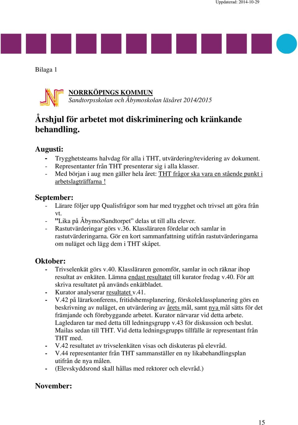 - Med början i aug men gäller hela året: THT frågor ska vara en stående punkt i arbetslagträffarna! September: - Lärare följer upp Qualisfrågor som har med trygghet och trivsel att göra från vt.