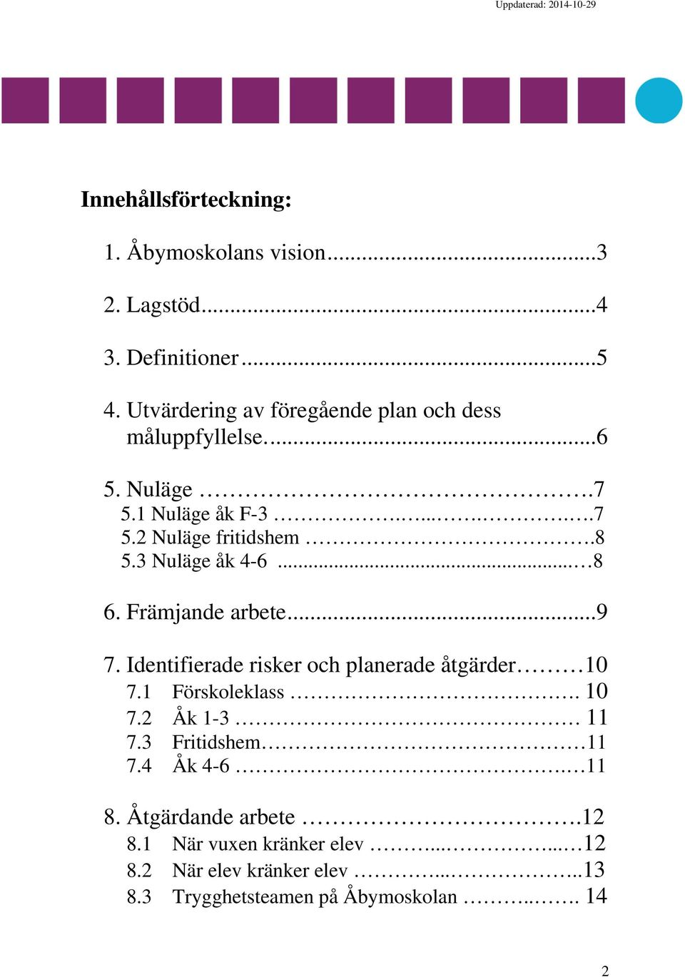 3 Nuläge åk 4-6... 8 6. Främjande arbete...9 7. Identifierade risker och planerade åtgärder 10 7.1 Förskoleklass. 10 7.2 Åk 1-3 11 7.