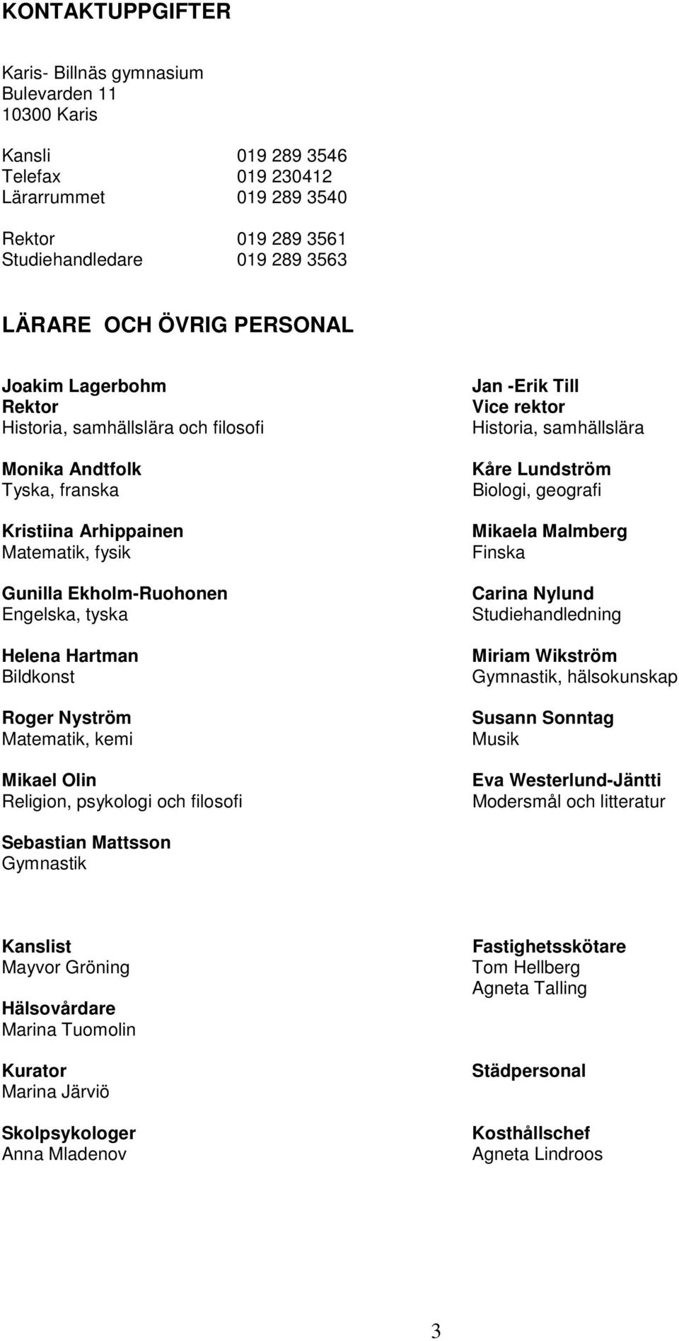 Bildkonst Roger Nyström Matematik, kemi Mikael Olin Religion, psykologi och filosofi Jan -Erik Till Vice rektor Historia, samhällslära Kåre Lundström Biologi, geografi Mikaela Malmberg Finska Carina